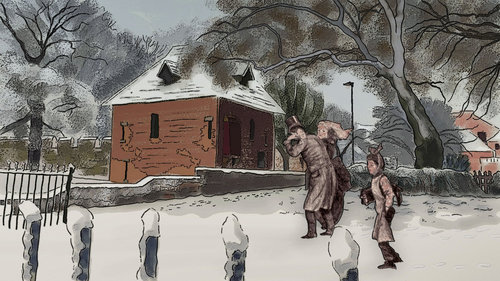 A Walk In The Snow, Adding people to Javolenus' excellent Red Tower In the Snow drawing. They came from The Smithsonian's open access site. https://www.si.edu/openaccess (CCO) According to the description the man was just hit with a snowball while the child feigns innocence.