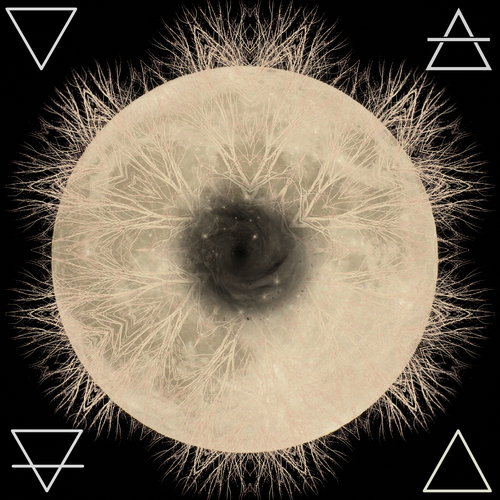 Four Elements, Placed Speck's snowflake mage remix of Kara's treetop, over a photograph of the moon, adding symbols for the four elements (earth, water, fire, air) and overlaid an image of a black hole.