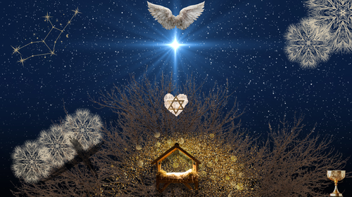 Meaning of Christmas, Created a digital art piece to go with my pell Meaning of Christmas (Choose Kindness) -- includes Kara's tree and Speck's snowflake made from one of her trees.